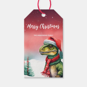 Cute Dino Santa Christmas party holiday Snow kids Gift Tags