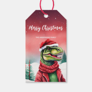 Cute Dino Santa Christmas party holiday Snow kids Gift Tags
