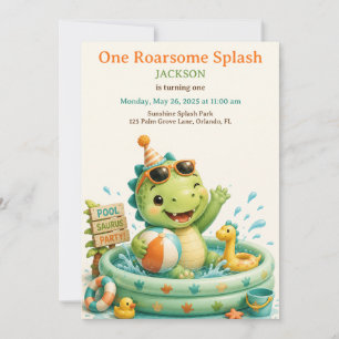 Cute Dino Splash Pool Party First Birthday  Invitation