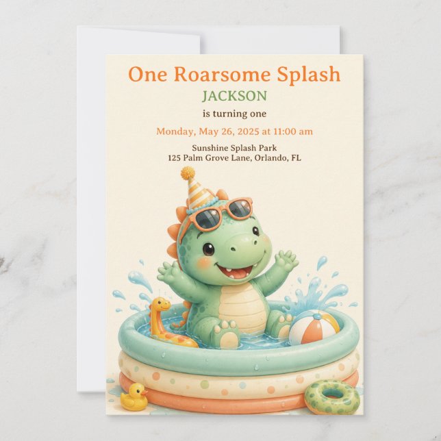Cute Dino Splash Pool Party First Birthday  Invitation (Front)