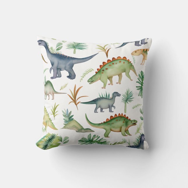 Cute Dino Watercolor Green Pattern Kids Throw Pillow (Front)