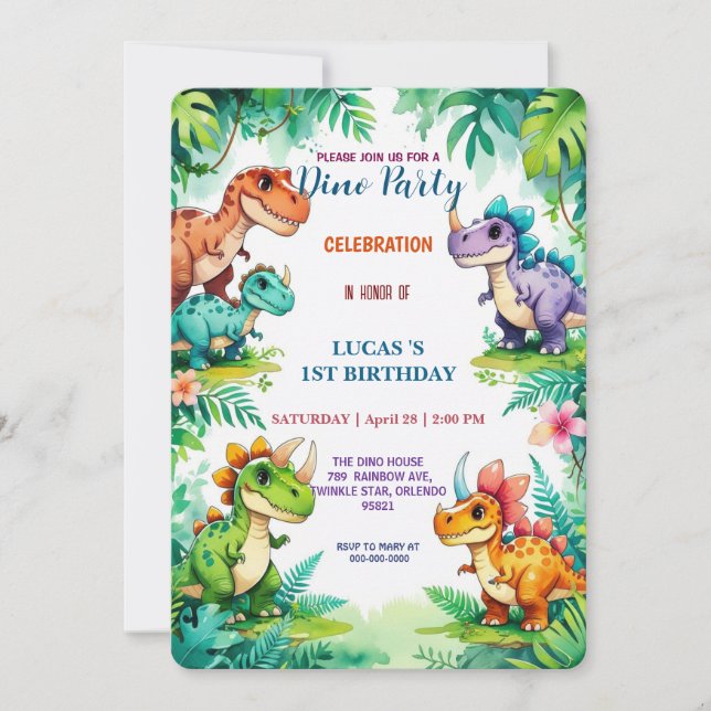 Cute DIno wildflower Dinosaurs 1st Birthday party  Save The Date (Front)