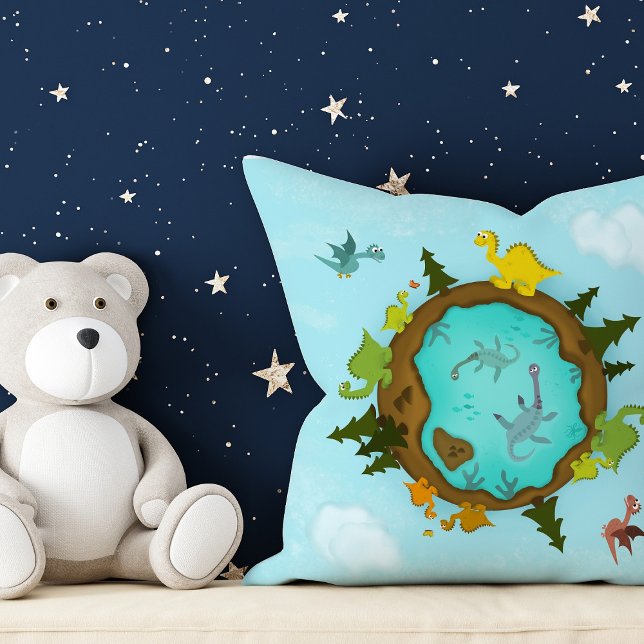 Cute Dino World Pillow (This cute 'Dino World' pillow is perfect to decorate your nursery or kid's bedroom.)