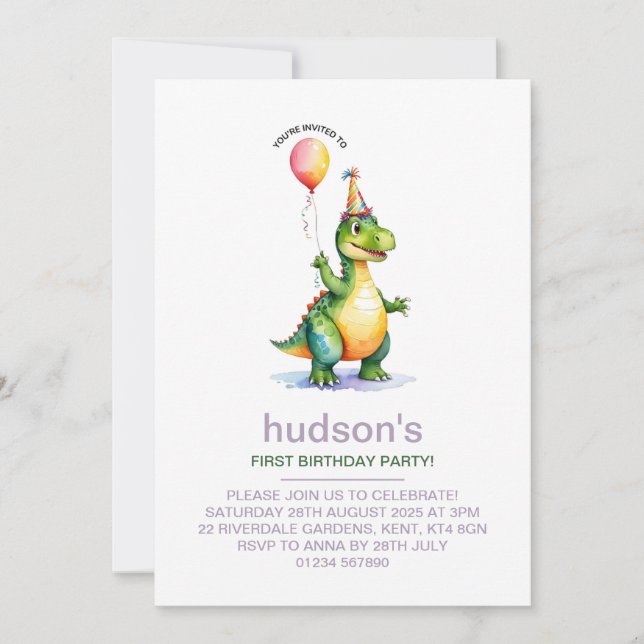Cute Dinosaur 1er anniversaire Invitation pour gar (Devant)
