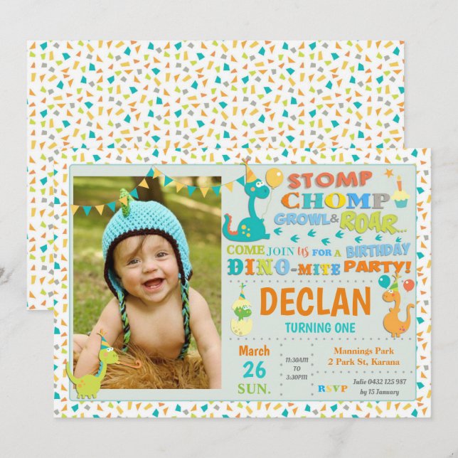 Cute Dinosaur 1st Birthday Party Boy Photo Invitation (Front/Back)