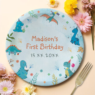 Cute Dinosaur 1st Birthday Party Paper Plate