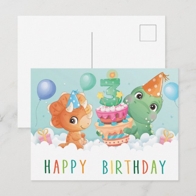 Cute dinosaur 3rd birthday card (Front/Back)