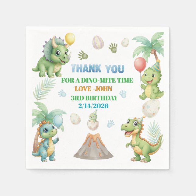 Cute Dinosaur 3rd Birthday Party Napkins | Green & (Front)