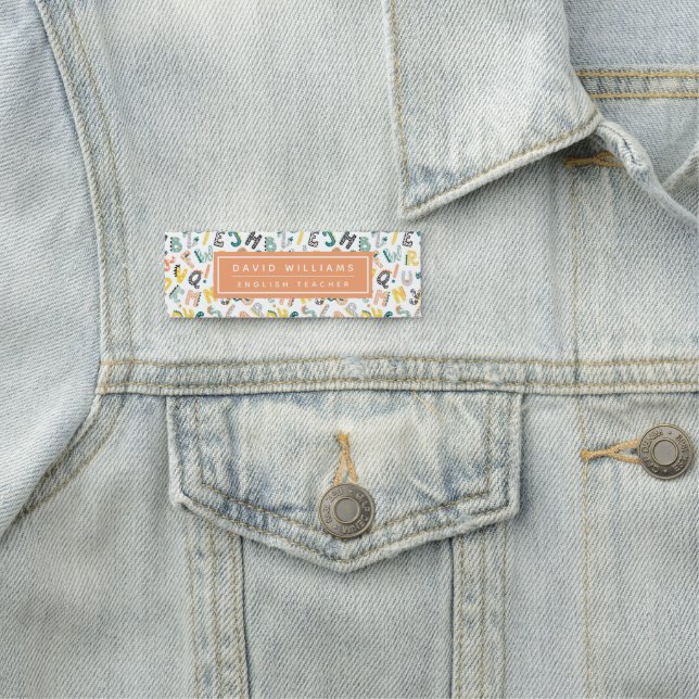 Cute Dinosaur Alphabet Pattern Custom Teacher Name Tag (In Situ)