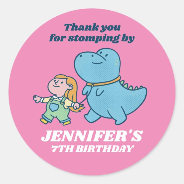 Cute Dinosaur and A Girl Kids Birthday Party Classic Round Sticker (Front)