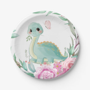 Cute Dinosaur and Pink Peonies Baby Shower Paper Plate