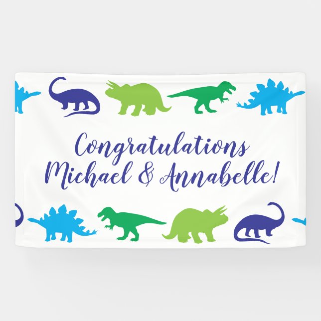 Cute Dinosaur Baby Shower Dino Blue and Green Boy Banner (Horizontal)