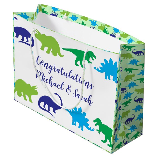 Cute Dinosaur Baby Shower Dino Blue and Green Boy Large Gift Bag (Back Angled)