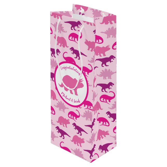 Cute Dinosaur Baby Shower Dino Pink Girl Wine Gift Bag (Back Angled)