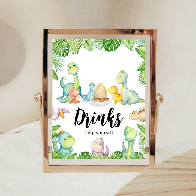 Cute Dinosaur Baby Shower Drinks Poster (Greenery Dinosaur Baby Shower Drinks Sign)