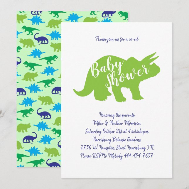 Cute Dinosaur Baby Shower Triceratops Blue Boy Invitation (Front/Back)