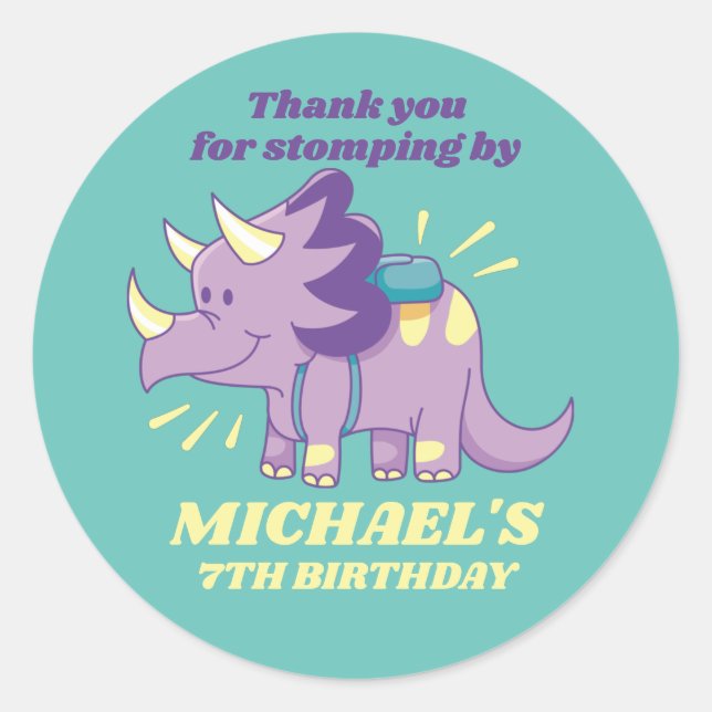 Cute Dinosaur Baby Triceratops Kids Birthday Party Classic Round Sticker (Front)