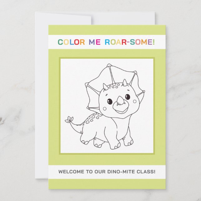 Cute Dinosaur Back to School Colouring Welcome Car Invitation (Front)
