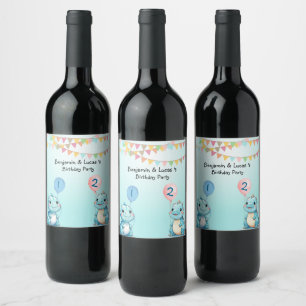 Cute Dinosaur Balloon Boy friends birthday party Wine Label