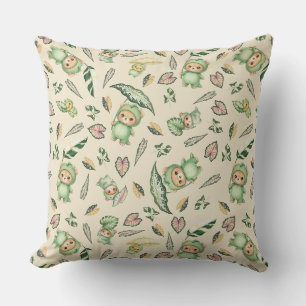 Cute Dinosaur Bear and Leaves Seamless Pattern Throw Pillow
