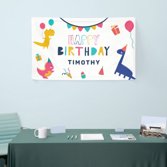 Cute Dinosaur Birthday Colourful Whimsical Banner (Tradeshow)
