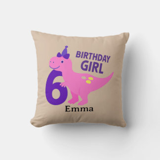 Cute Dinosaur Birthday Girl - 6th Birthday Throw Pillow