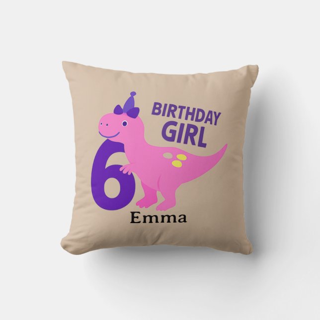 Cute Dinosaur Birthday Girl - 6th Birthday Throw Pillow (Front)