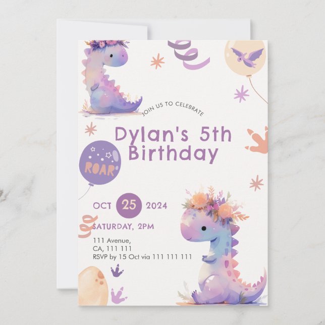 Cute Dinosaur Birthday Invitation Girl Whimical (Front)