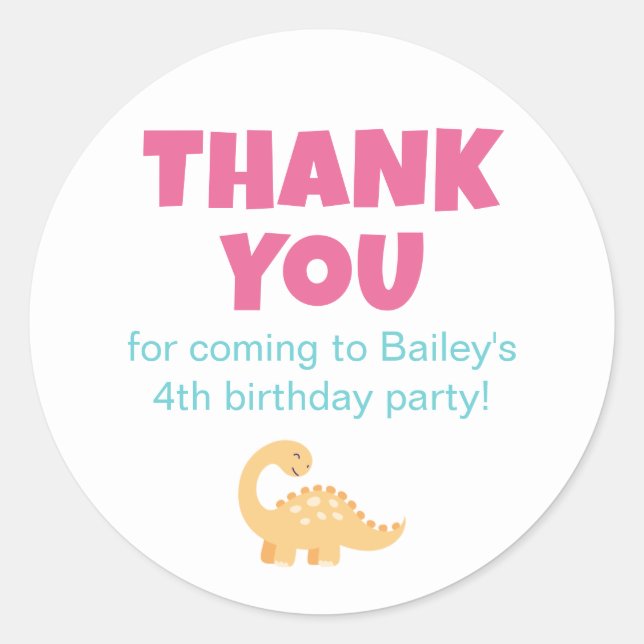 Cute Dinosaur Birthday Party Favour Thank You Classic Round Sticker (Front)