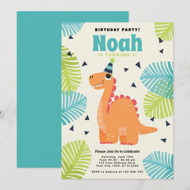 Cute Dinosaur Birthday Party Invitation (Front/Back)