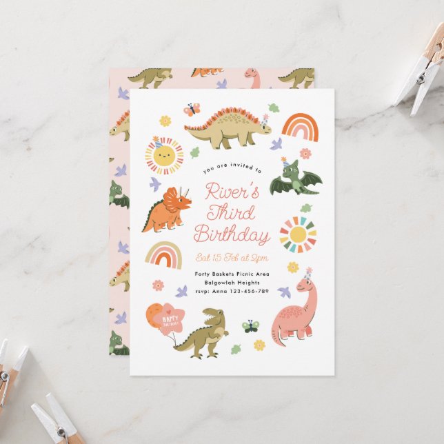 Cute Dinosaur Birthday Party Invitation (Front/Back In Situ)