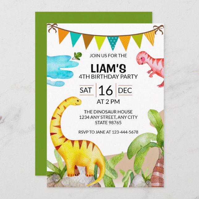 Cute Dinosaur Birthday Party Invitation (Front/Back)