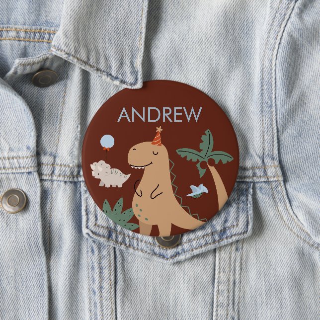 Cute Dinosaur Birthday Party Name Button (In Situ)