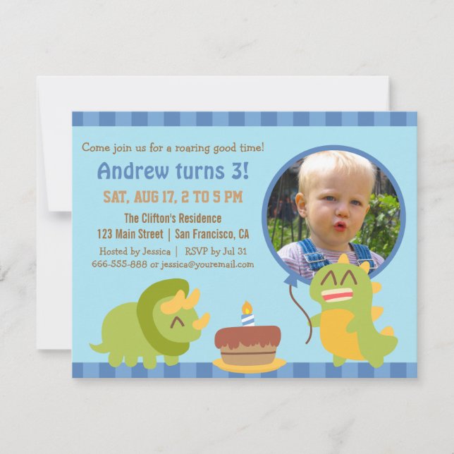 Cute Dinosaur Birthday Party Photo Invitation (Front)