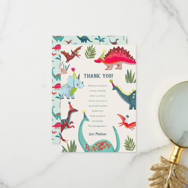 Cute Dinosaur Boy Birthday Party thank you card (Front/Back In Situ)
