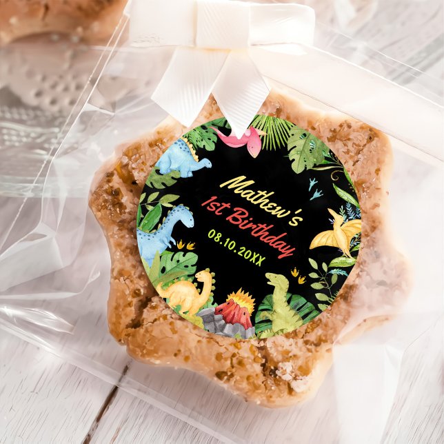 Cute Dinosaur Boy First Birthday Party Classic Round Sticker (Creator Uploaded)