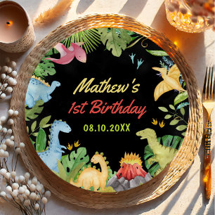 Cute Dinosaur Boy First Birthday Party Paper Plate