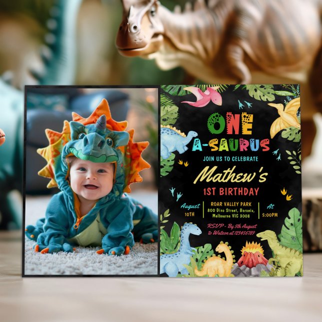Cute Dinosaur Boy One-A-Saurus 1st Birthday Photo Invitation (Creator Uploaded)