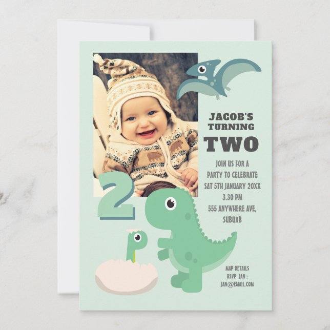 Cute Dinosaur Boys 2nd Birthday Photo Invitation (Front)