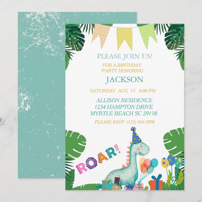 Cute Dinosaur Boys Anniversaire Fête Invitation (Devant / Derrière)