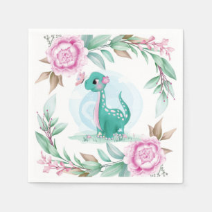 Cute Dinosaur Butterfly Pink Peony Baby Shower Napkin