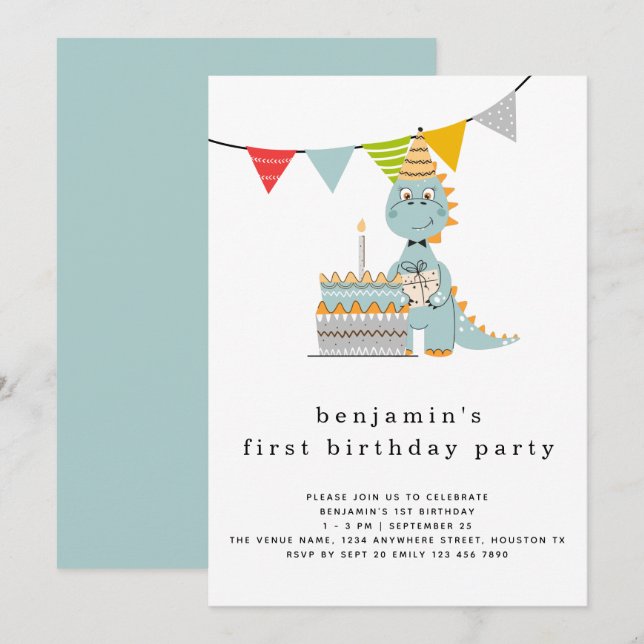 Cute Dinosaur Cake 1st Birthday Invitation (Front/Back)