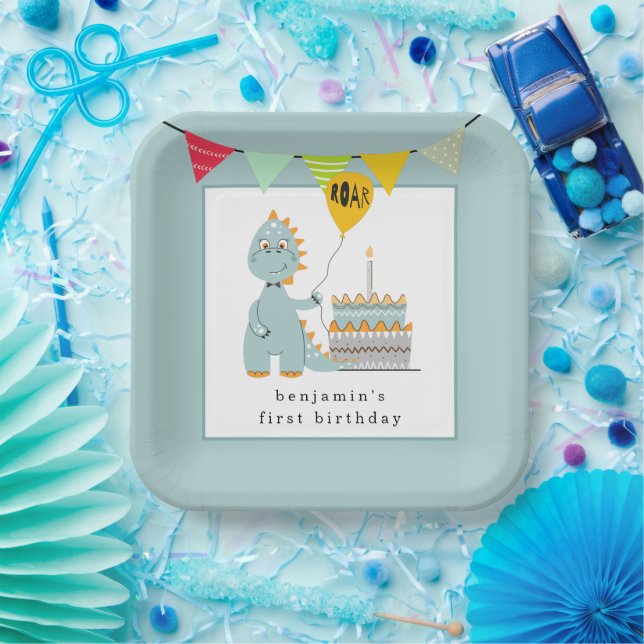 Cute Dinosaur Cake Powder Blue 1st Birthday  Paper Plate (Party)
