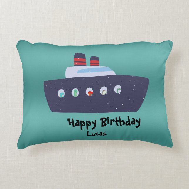 Cute dinosaur captain boat ship School Birthday Accent Pillow (Front)