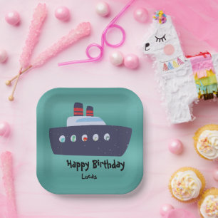 Cute dinosaur captain boat ship School Birthday Paper Plate