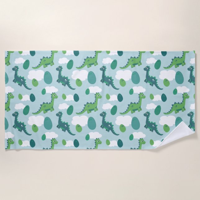 Cute dinosaur cartoon blue green dino animals beach towel (Front)