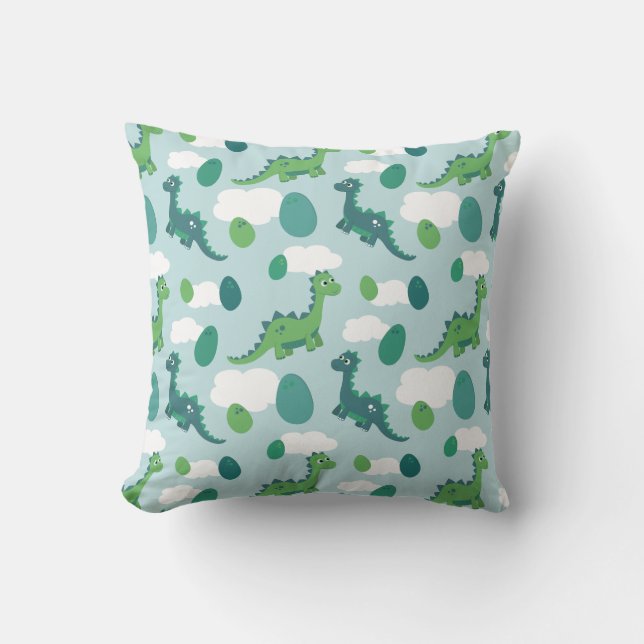 Cute dinosaur cartoon blue green in sky throw pillow (Front)