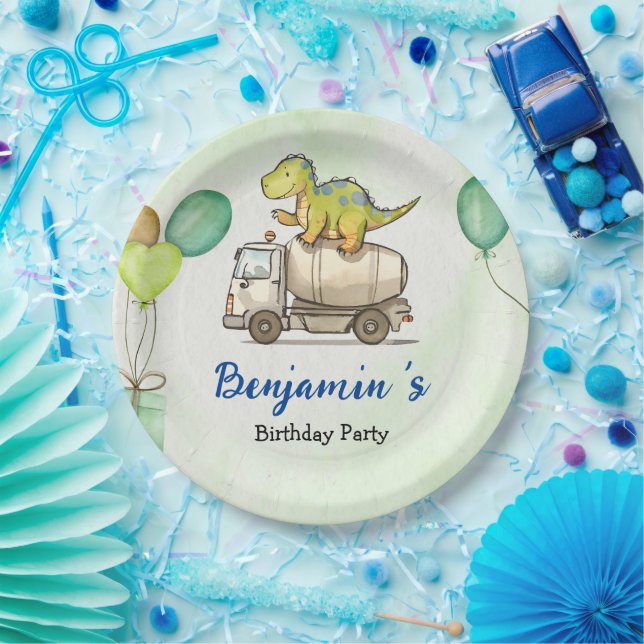 Cute dinosaur cement truck Rainbow School Birthday Paper Plate (Party)