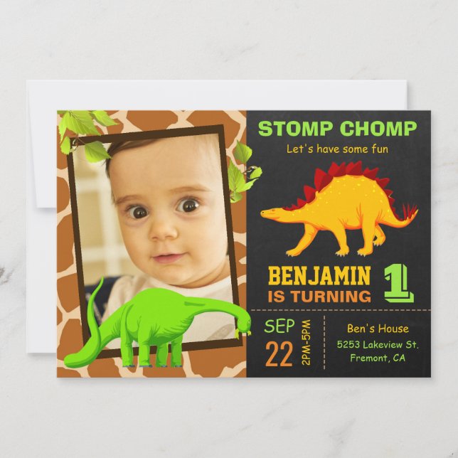 Cute Dinosaur Chalkboard 1st Photo Birthday Party Invitation (Front)