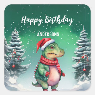 Cute Dinosaur Christmas tree birthday girl party Square Sticker